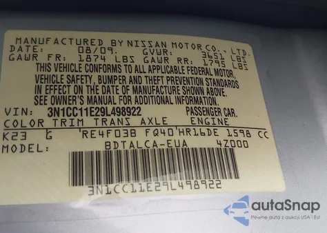 2009 Nissan Versa 1.6 z USA, uszkodzony, nr VIN 3N1CC11E29L498922